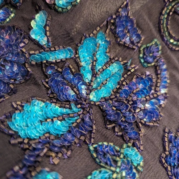 Vintage Frank Usher Blue 100% Silk Hand Beaded Blazer  Jacket Small Grandmacore - Picture 11 of 13